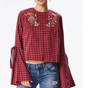 Dillard’s INA Checkered Bell Sleeve Shirt with Floral Embroidery like new